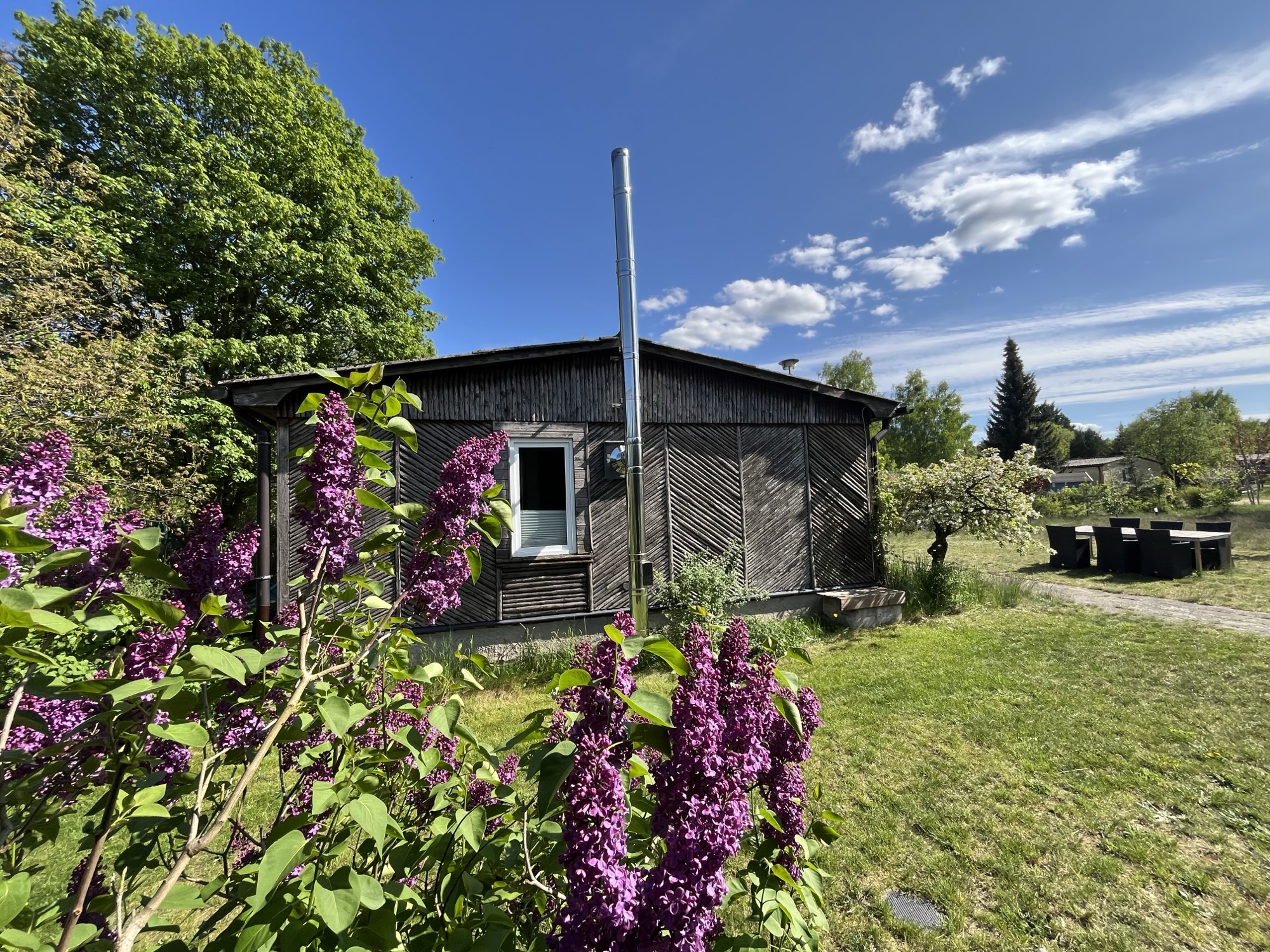 Haus 8 — Holzbungalow hinter blühendem Flieder